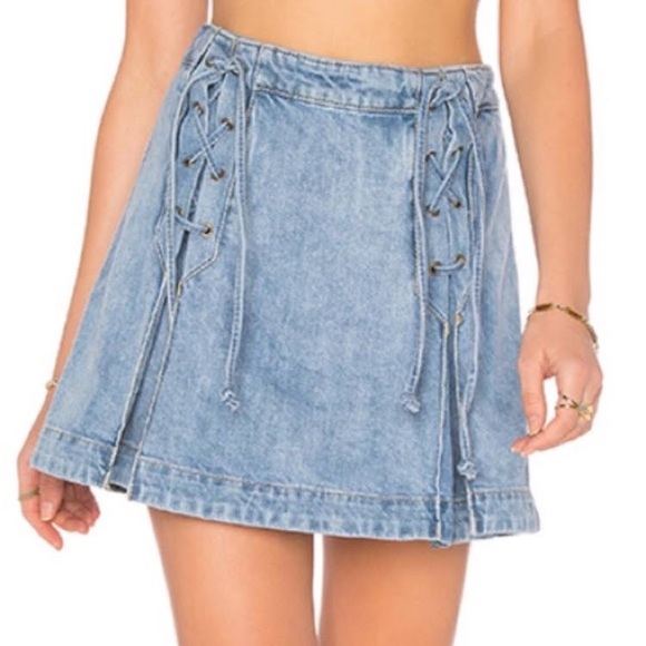 Free People Lace Up Pleated Denim Mini Skirt - Picture 4 of 11